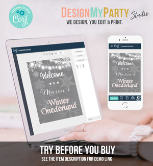 Editable Winter Onederland Welcome Sign Winter Welcome Sign Birthday Girl Pink and Grey Snowflakes Snow Template PRINTABLE Corjl 0027