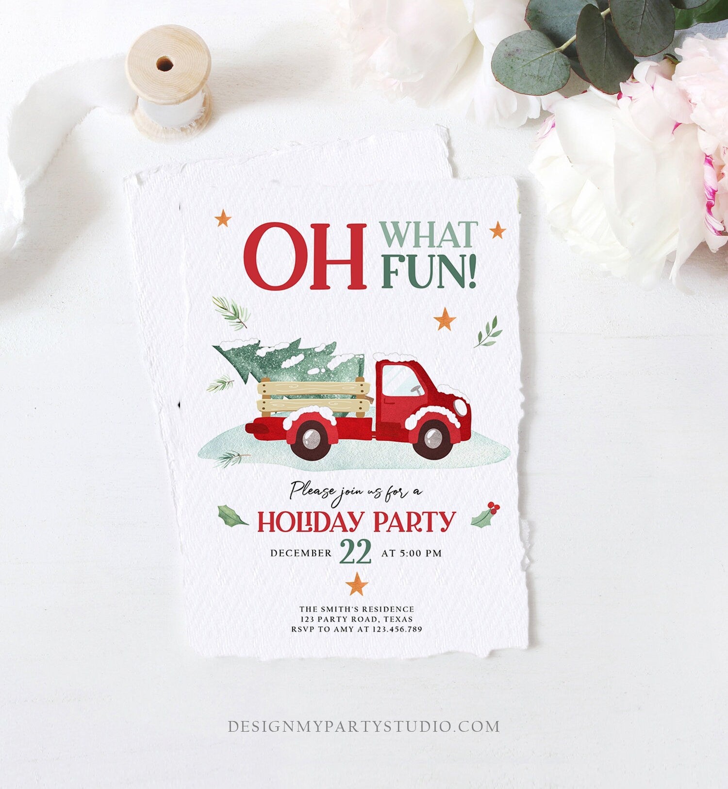 Editable Oh What Fun! Holiday Party Christmas Party Invitation Red Truck Tree Winter Birthday Rustic Personalized Printable Template Corjl