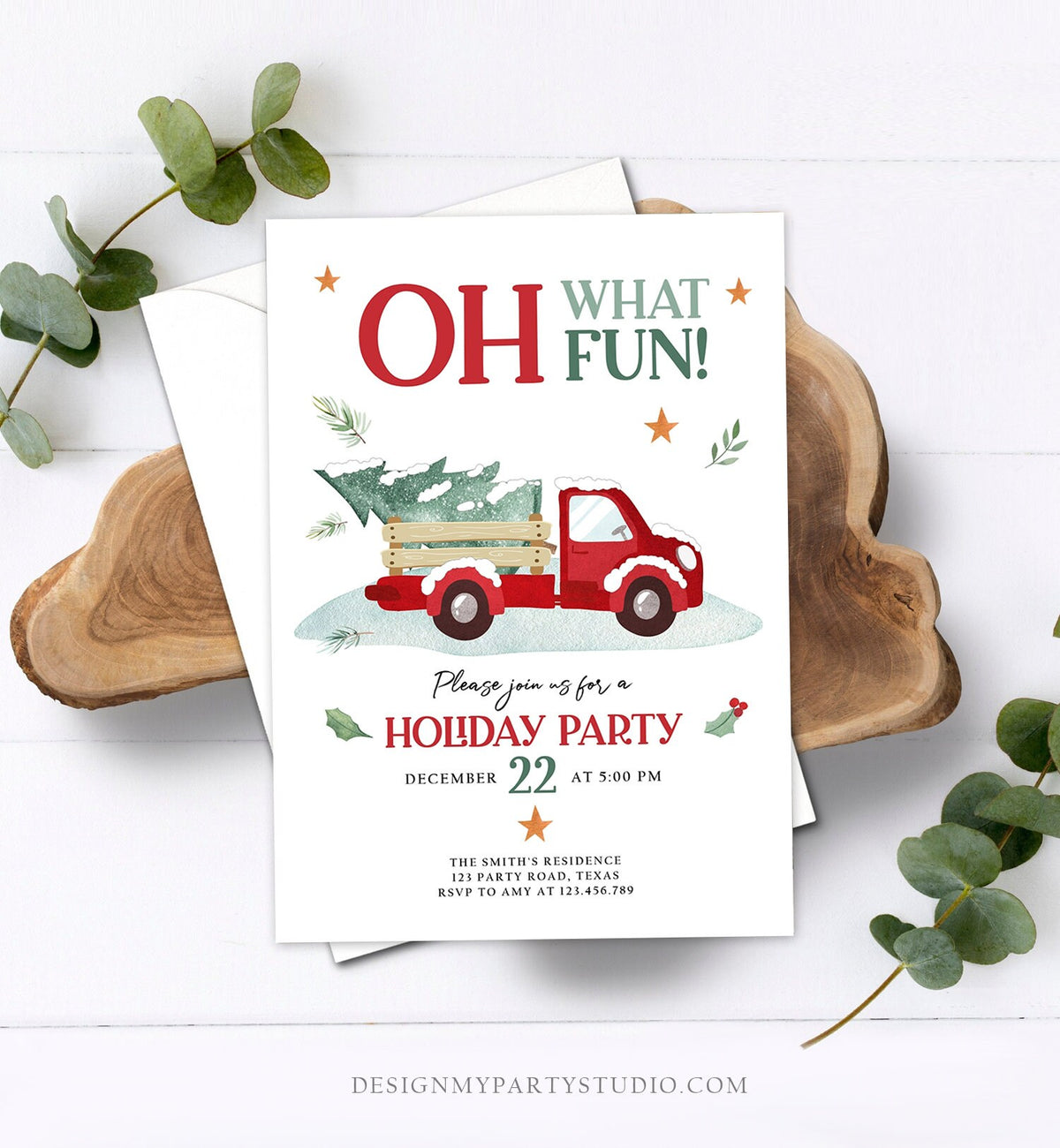 Editable Oh What Fun! Holiday Party Christmas Party Invitation Red Truck Tree Winter Birthday Rustic Personalized Printable Template Corjl