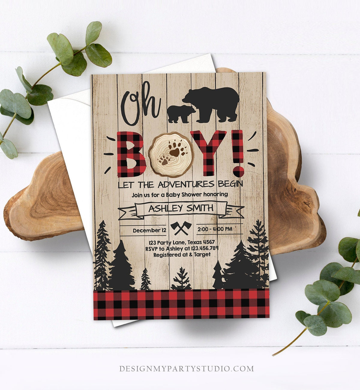 Editable Lumberjack Baby Shower Invitation Baby Boy Buffalo Plaid Rustic Bear Cub Instant Download Printable Template Digital Corjl 0191