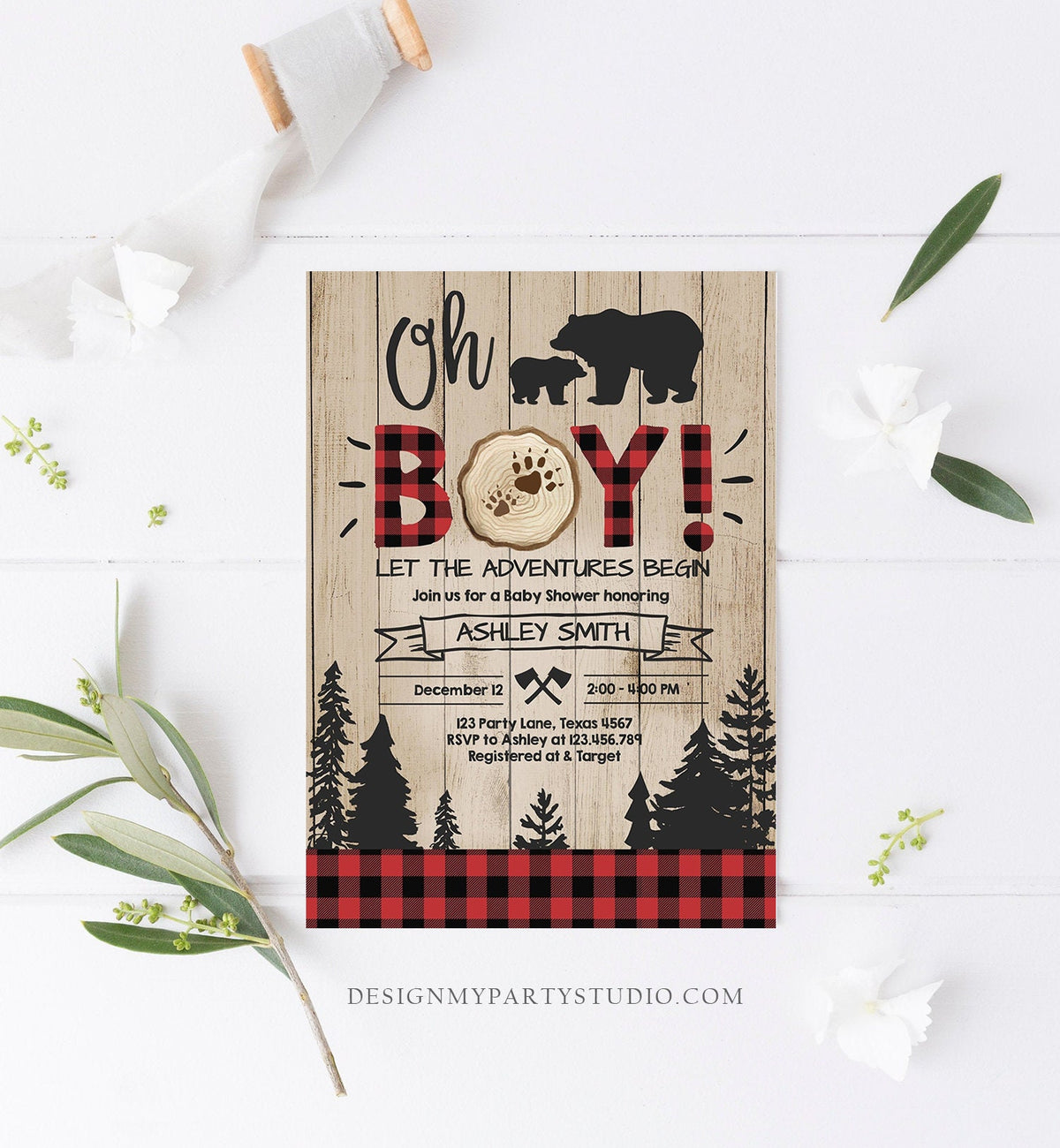 Editable Lumberjack Baby Shower Invitation Baby Boy Buffalo Plaid Rustic Bear Cub Instant Download Printable Template Digital Corjl 0191