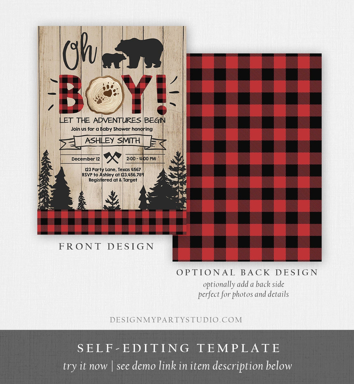 Editable Lumberjack Baby Shower Invitation Baby Boy Buffalo Plaid Rustic Bear Cub Instant Download Printable Template Digital Corjl 0191