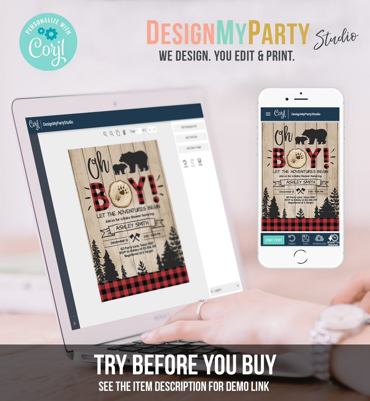 Editable Lumberjack Baby Shower Invitation Baby Boy Buffalo Plaid Rustic Bear Cub Instant Download Printable Template Digital Corjl 0191