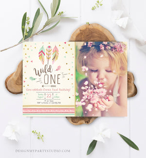 Editable Birthday Invitation Wild One Girl Invite Tribal Boho Arrow Feathers Pink Gold Mint Download Printable Template Digital Corjl 0073