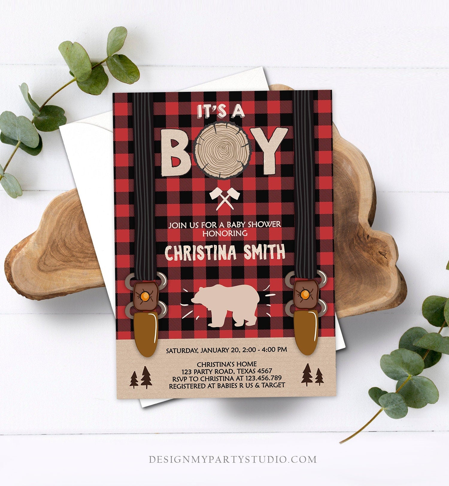 Editable Lumberjack Baby Shower Invitation Baby Boy Buffalo Plaid Rustic Bear Cub It's a Boy Winter Download Printable Template Corjl 0026