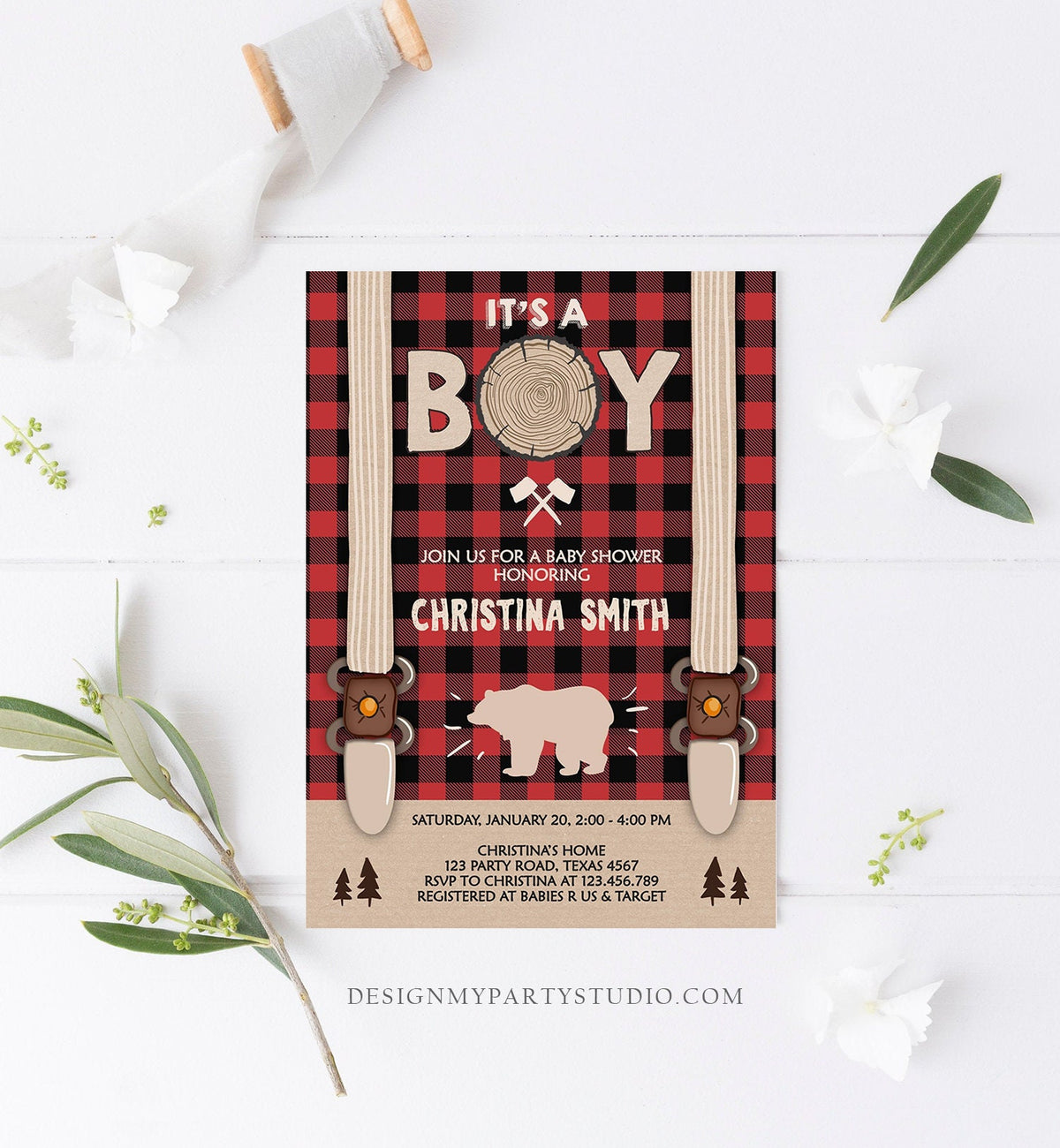 Editable Lumberjack Baby Shower Invitation Baby Boy Buffalo Plaid Rustic Bear Cub It&#39;s a Boy Couples Download Printable Template Corjl 0026