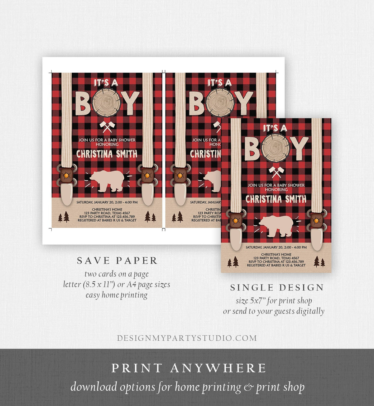 Editable Lumberjack Baby Shower Invitation Baby Boy Buffalo Plaid Rustic Bear Cub It&#39;s a Boy Couples Download Printable Template Corjl 0026
