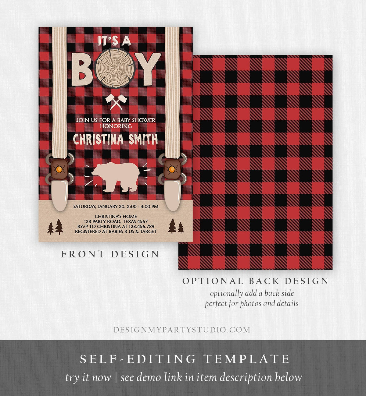 Editable Lumberjack Baby Shower Invitation Baby Boy Buffalo Plaid Rustic Bear Cub It&#39;s a Boy Couples Download Printable Template Corjl 0026