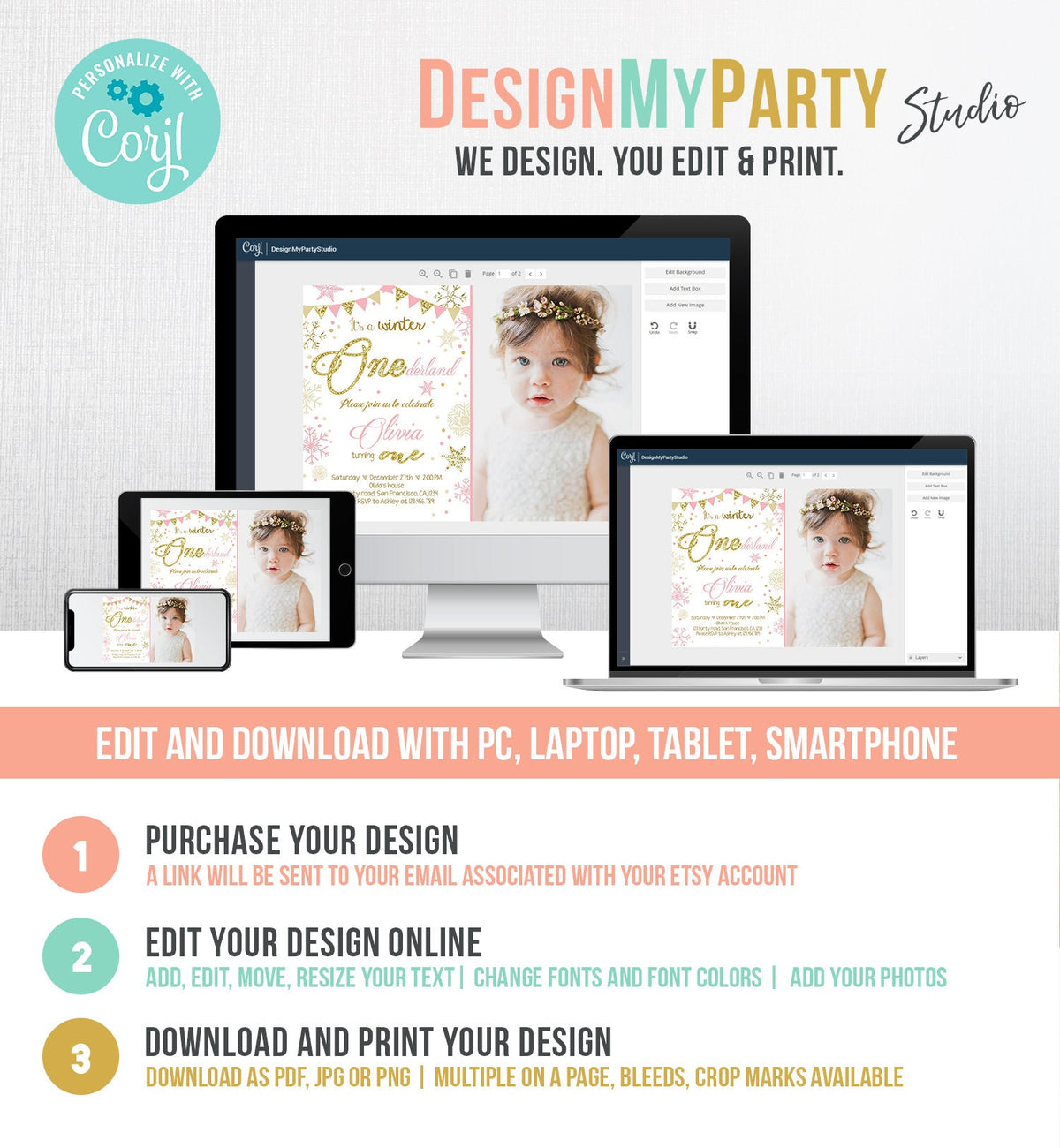 Editable Winter ONEderland Birthday Invitation First Birthday Snowflake Girl Pink and Gold Download Printable Invitation Template Corjl 0034