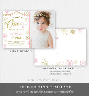 Editable Winter ONEderland Birthday Invitation First Birthday Snowflake Girl Pink and Gold Download Printable Invitation Template Corjl 0034