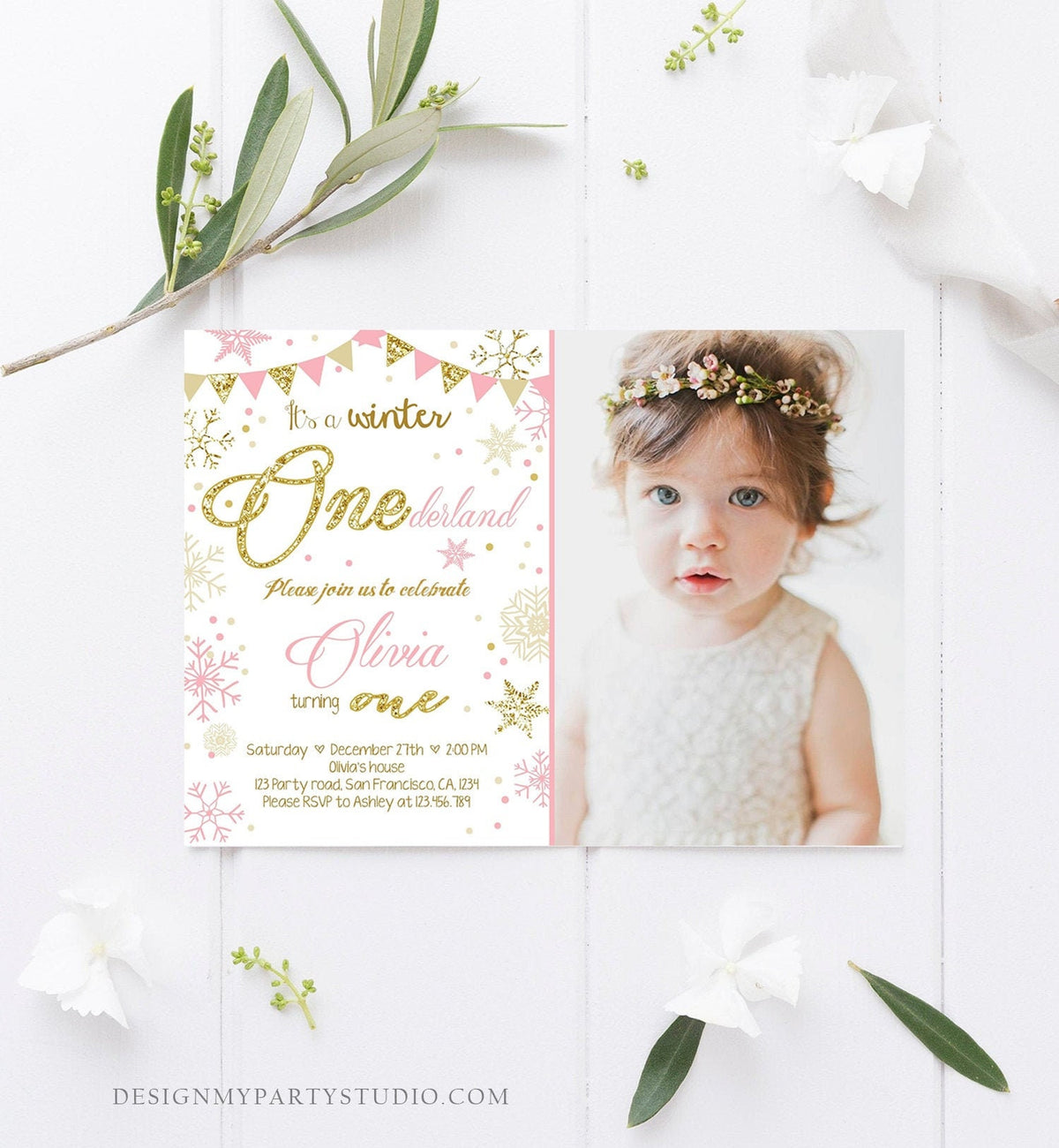 Editable Winter ONEderland Birthday Invitation First Birthday Snowflake Girl Pink and Gold Download Printable Invitation Template Corjl 0034