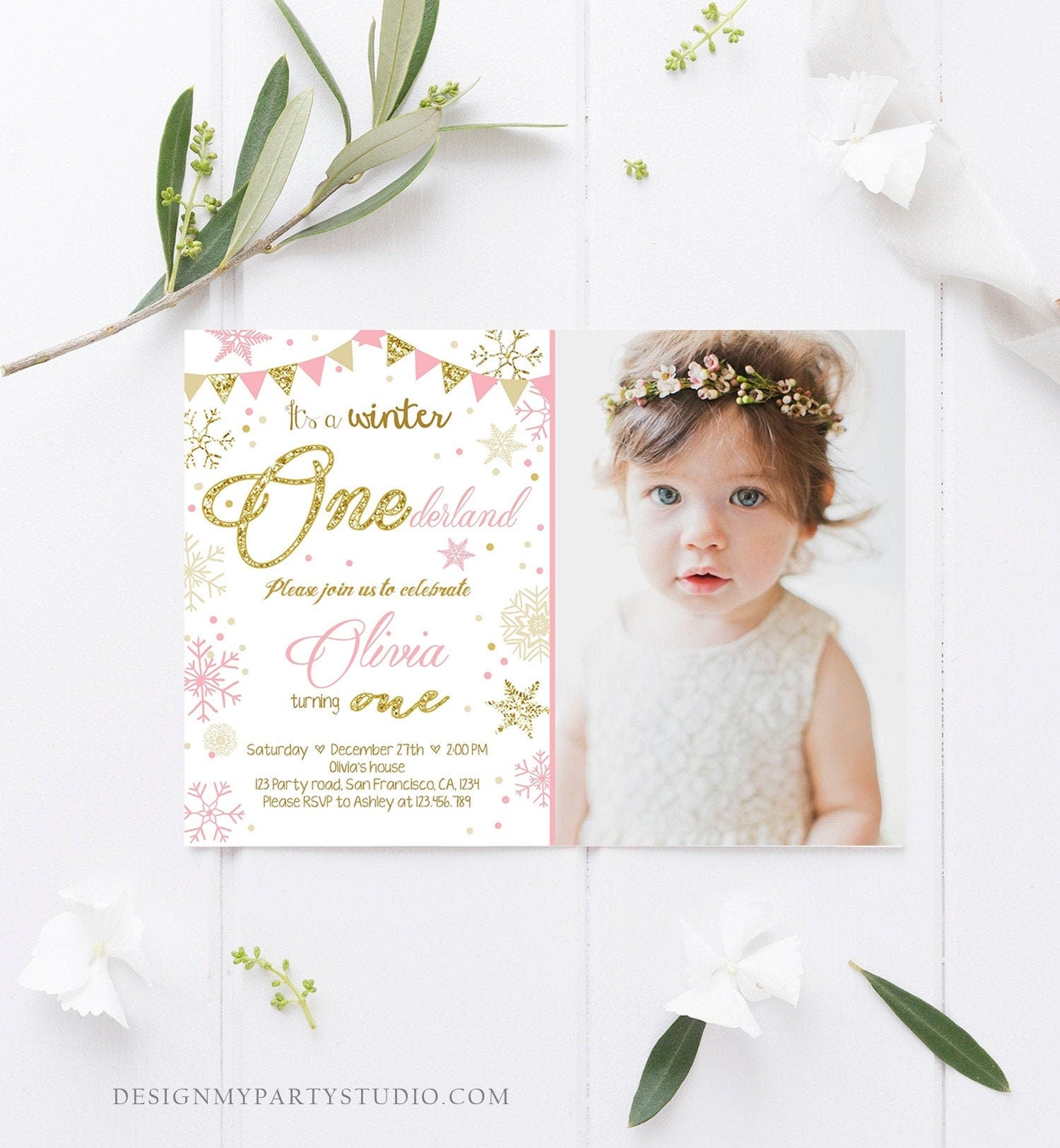 Editable Winter ONEderland Birthday Invitation First Birthday Snowflake Girl Pink and Gold Download Printable Invitation Template Corjl 0034
