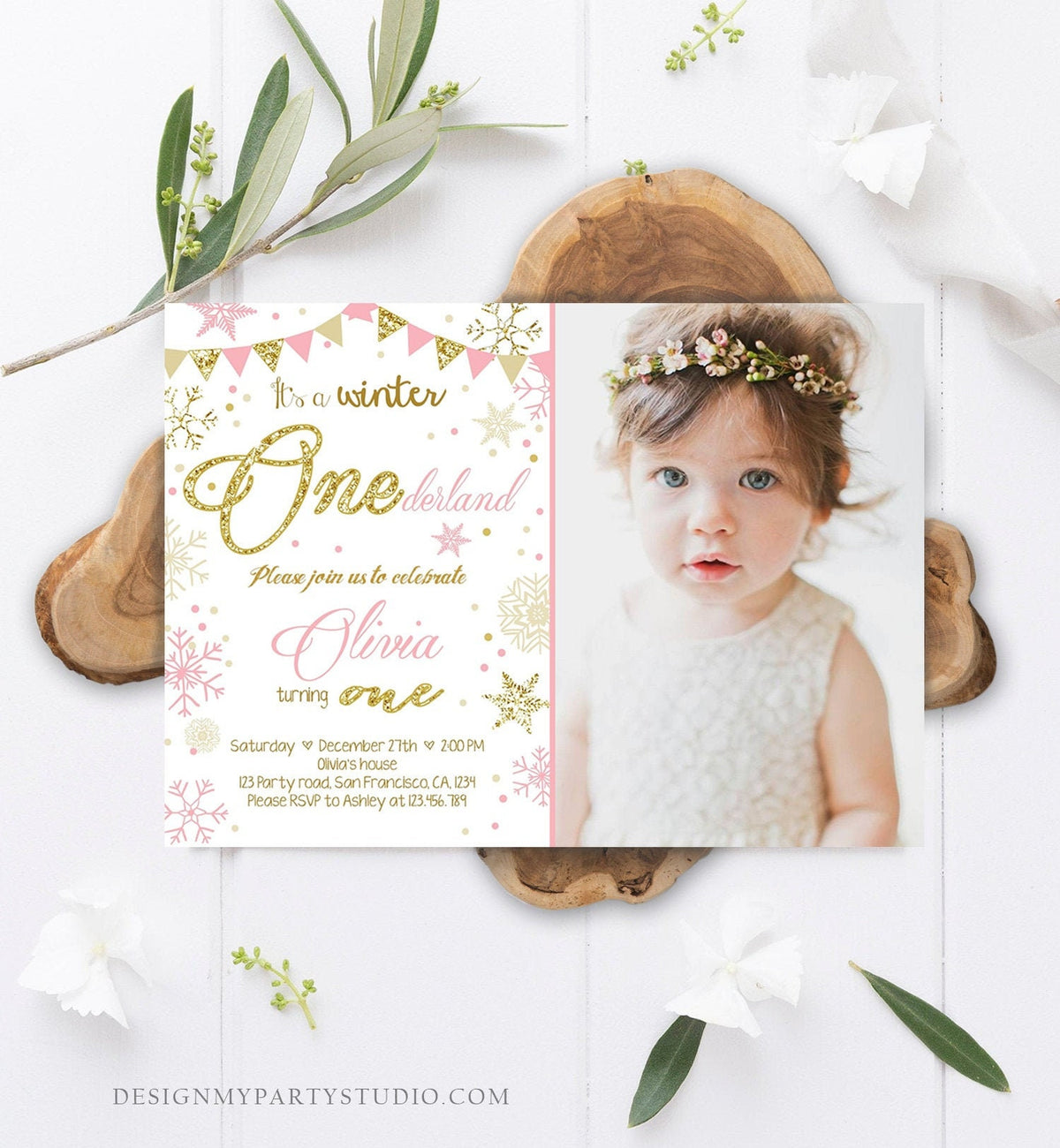 Editable Winter ONEderland Birthday Invitation First Birthday Snowflake Girl Pink and Gold Download Printable Invitation Template Corjl 0034