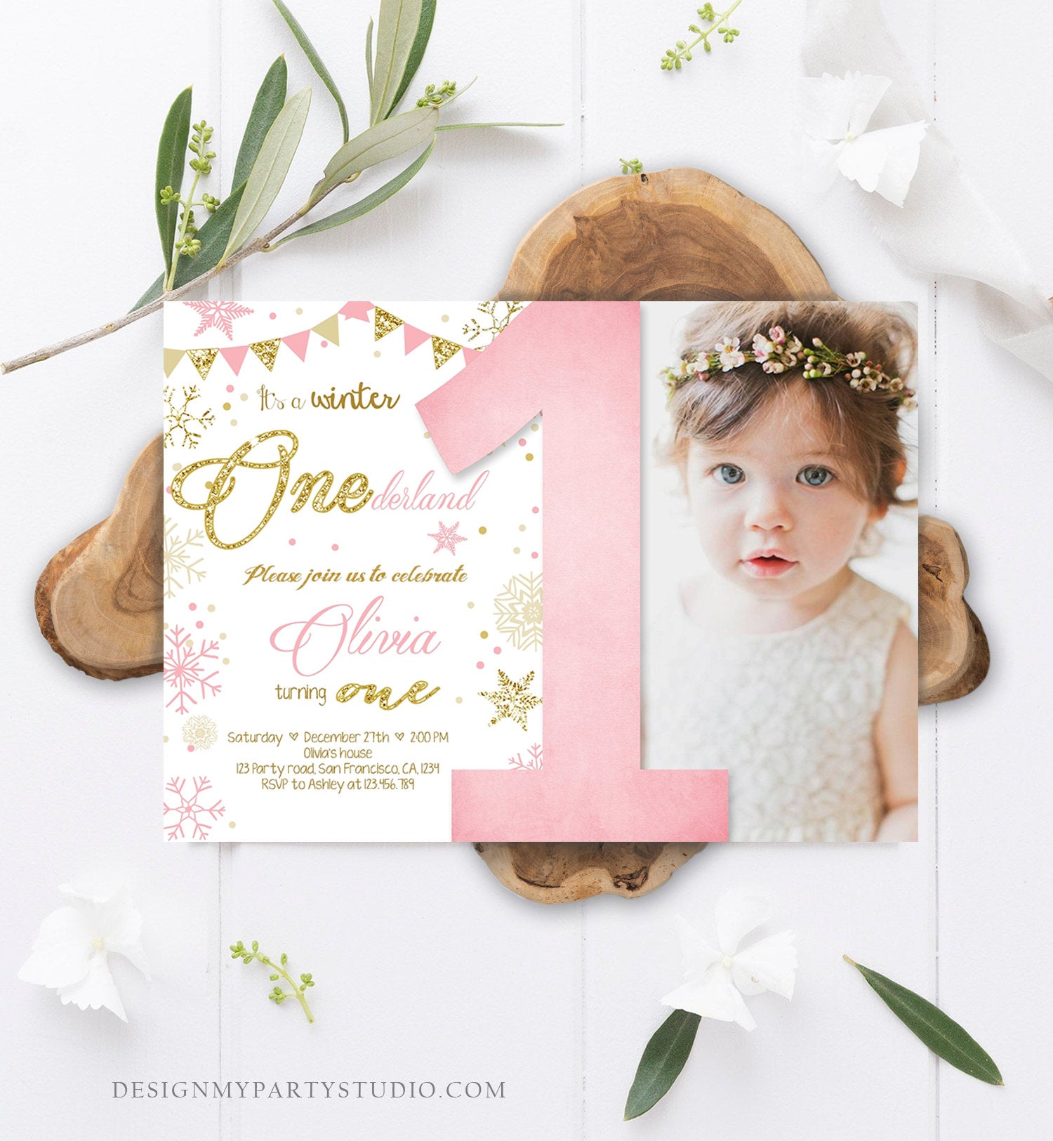 Editable Winter ONEderland Birthday Invitation First Birthday Snowflake Girl Pink and Gold Download Printable Invitation Template Corjl 0034