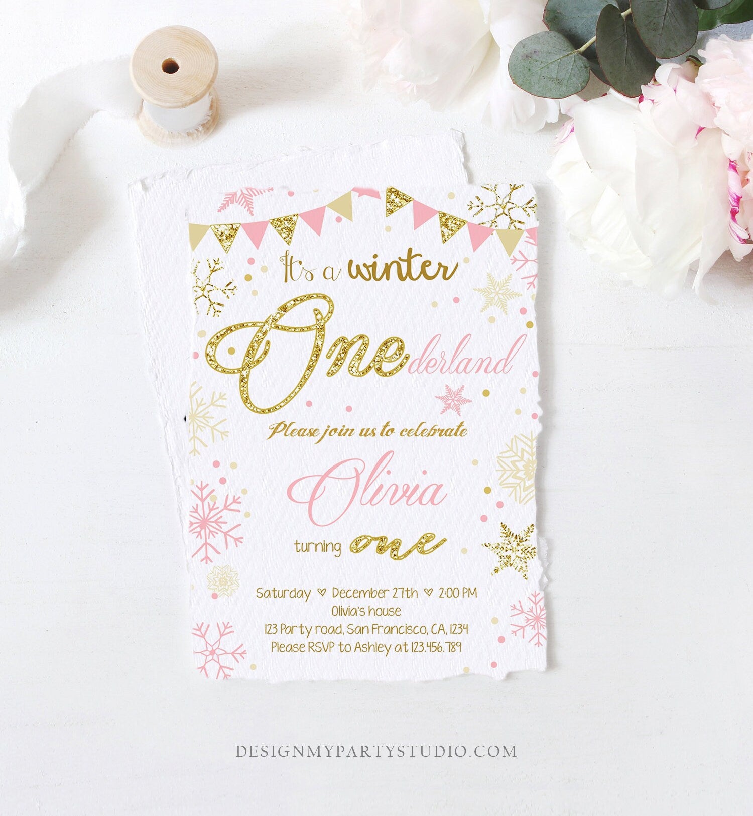 Editable Winter ONEderland Birthday Invitation First Birthday Snowflake Girl Pink Gold Glitter Download Printable Invite Template Corjl 0034
