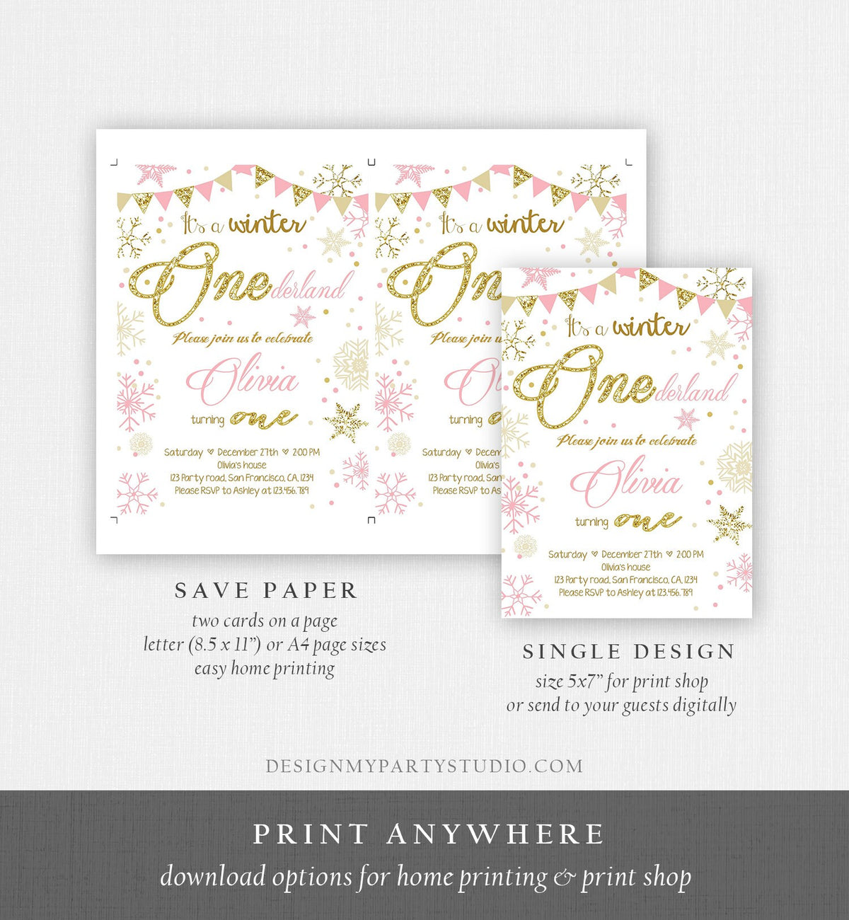 Editable Winter ONEderland Birthday Invitation First Birthday Snowflake Girl Pink Gold Glitter Download Printable Invite Template Corjl 0034
