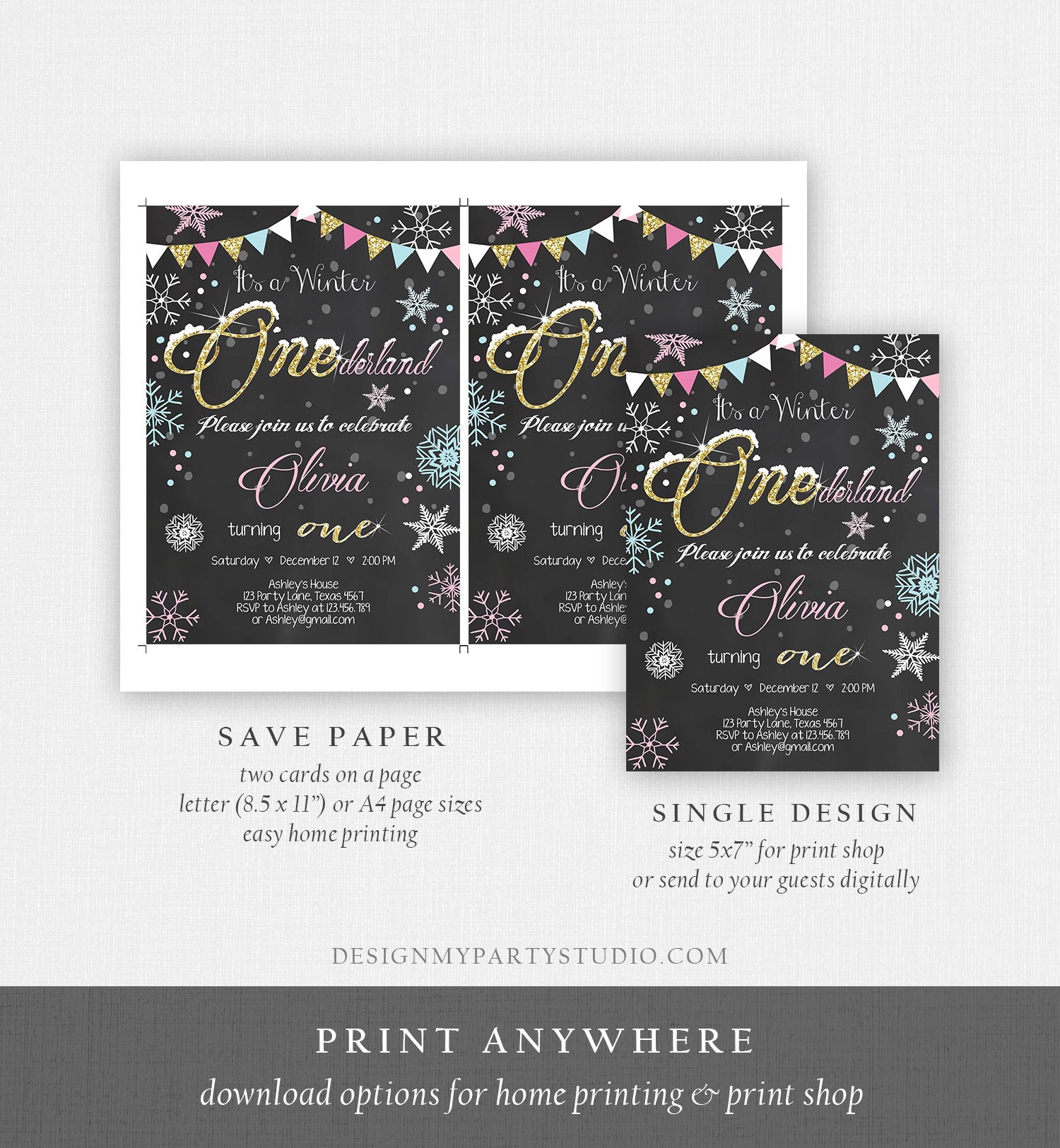 Editable Winter ONEderland Birthday Invitation First Birthday Snowflake Girl Pink Gold Download Printable Invitation Template Corjl 0034