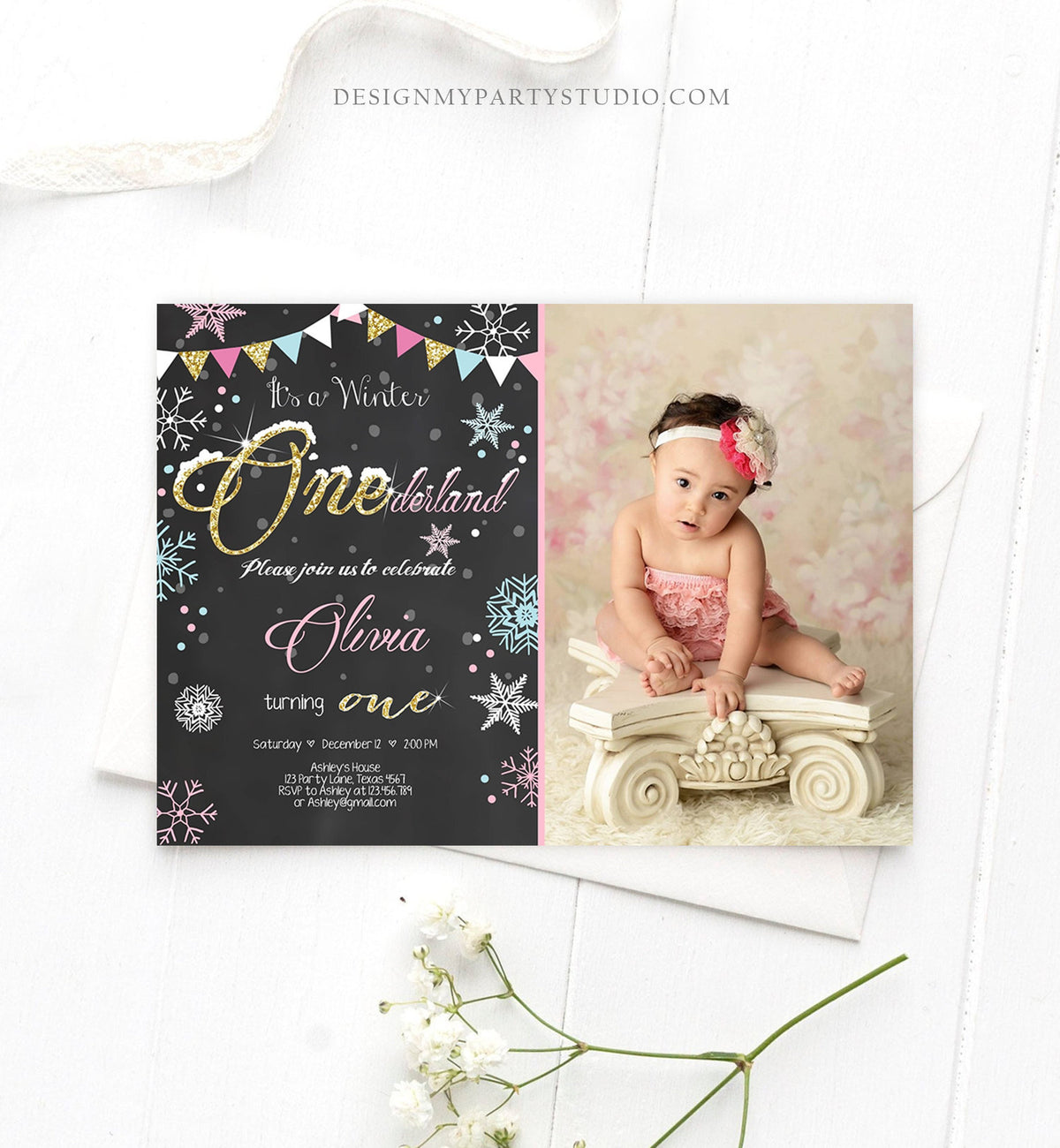 Editable Winter ONEderland Birthday Invitation First Birthday Snowflake Girl Pink Gold Download Printable Invitation Template Corjl 0034