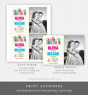 Editable Siblings Birthday Invitation Twins Birthday Party Dual Birthday Double Party Rainbow Printable Invite Kids Template Corjl 0087