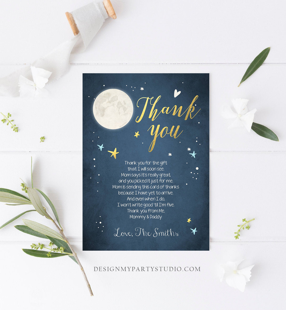 Editable Baby Shower Thank you Card Loved to the Moon and Back Moon Stars Gold Navy Moon Baby Shower Template Instant Download Corjl 0017