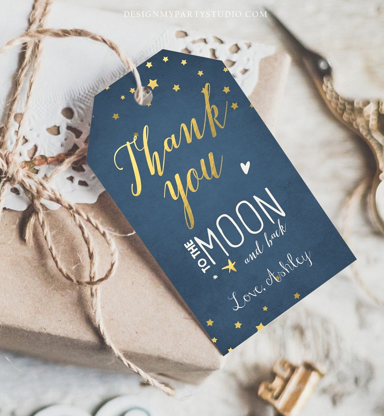 Editable Thank you Tags To the Moon and Back Baby Shower Favor tags Twinkle Twinkle Moon Shower Gold Navy Little Star Corjl Template 0017