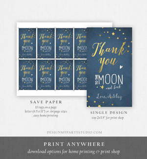 Editable Thank you Tags To the Moon and Back Baby Shower Favor tags Twinkle Twinkle Moon Shower Gold Navy Little Star Corjl Template 0017
