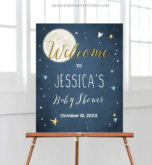 Editable Welcome Sign Moon Baby Shower Welcome Baby Sprinkle Twinkle Little Star Over The Moon Neutral Template PRINTABLE Corjl 0017