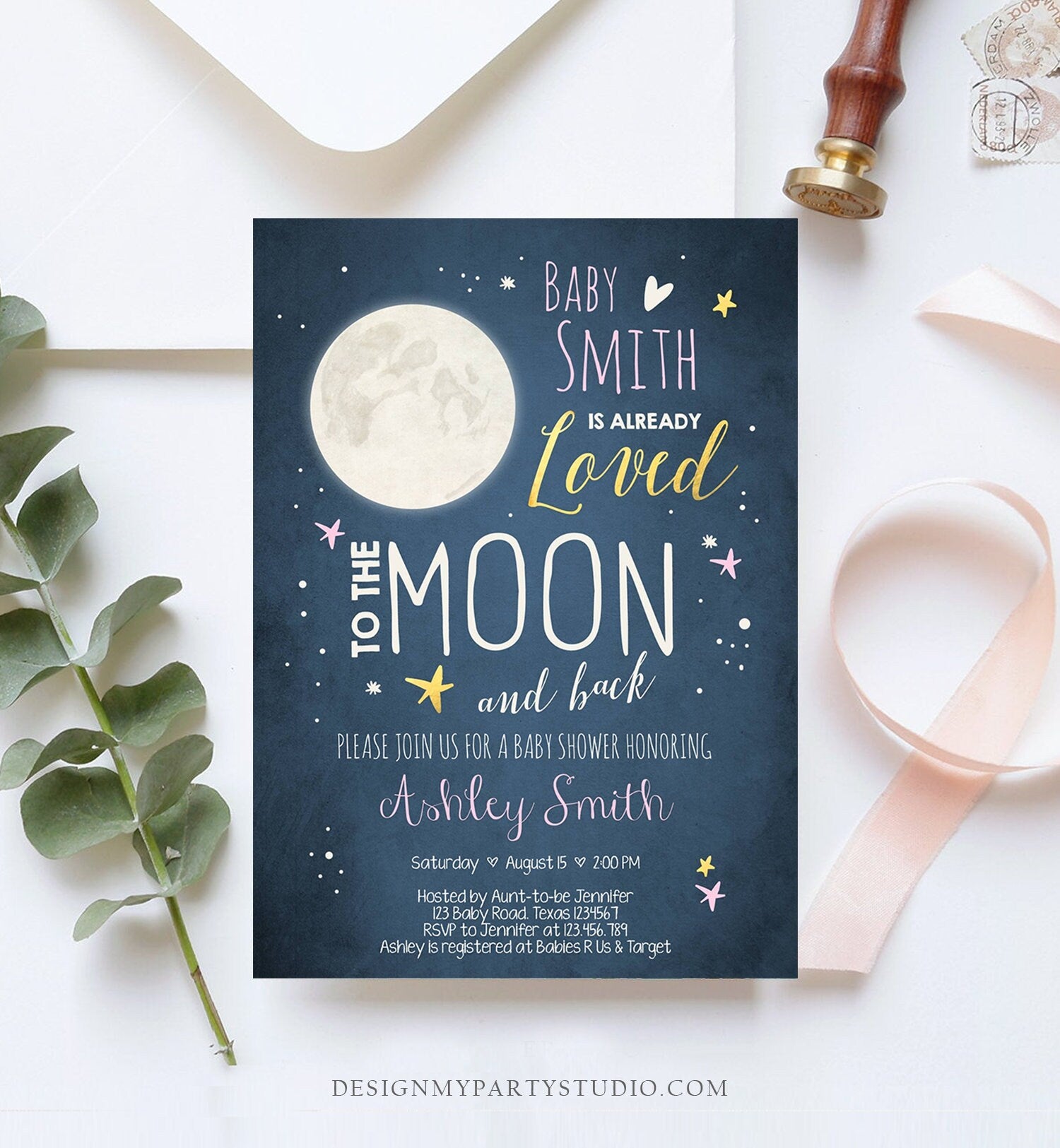 Editable Baby Shower Invitation Love You to the Moon and Back Moon Invitation Girl Gold Navy Invite Template Instant Download Corjl 0017