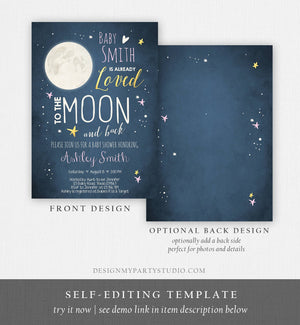 Editable Baby Shower Invitation Love You to the Moon and Back Moon Invitation Girl Gold Navy Invite Template Instant Download Corjl 0017