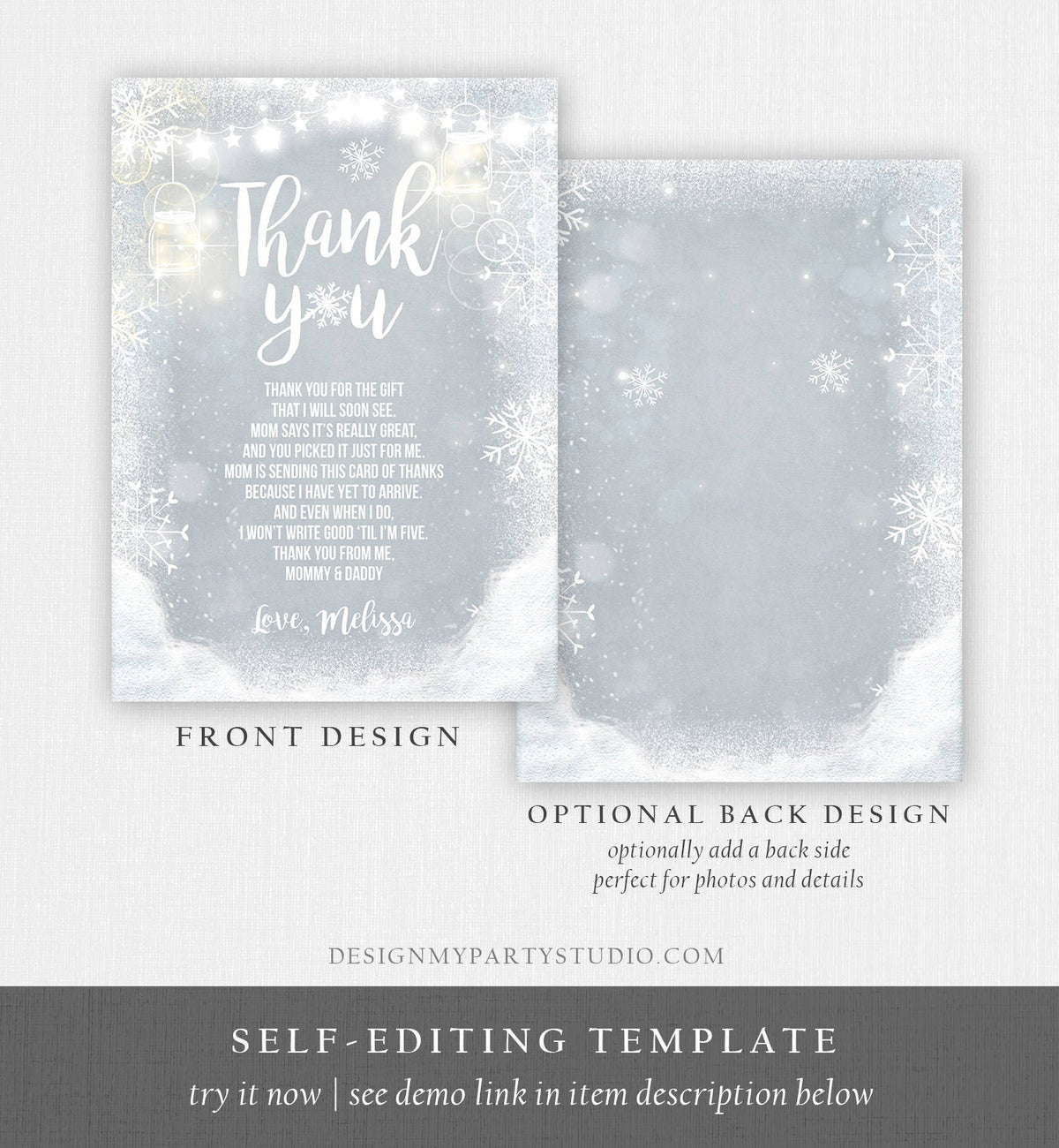 Editable Winter Thank You Card Baby Its Cold Outside Baby shower Thank you note Winter Rustic Snowflakes Lights Template Download Corjl 0031