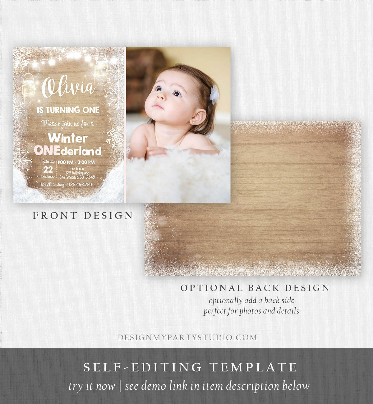 Editable Winter ONEderland Birthday Invite First Birthday Snowflake Girl Pink Rustic Wood Download Printable Invite Template Corjl 0031