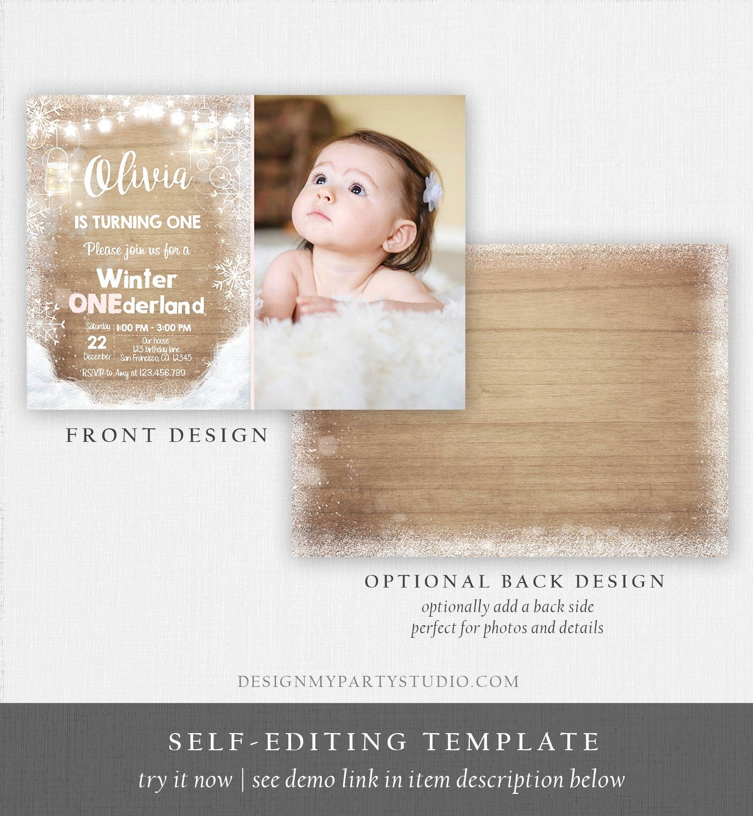 Editable Winter ONEderland Birthday Invite First Birthday Snowflake Girl Pink Rustic Wood Download Printable Invite Template Corjl 0031
