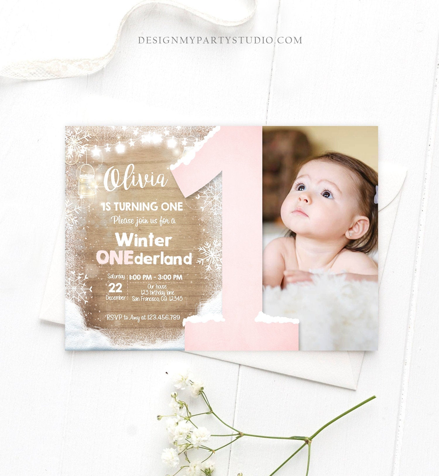 Editable Winter ONEderland Birthday Invite First Birthday Snowflake Girl Pink Rustic Wood Download Printable Invite Template Corjl 0031