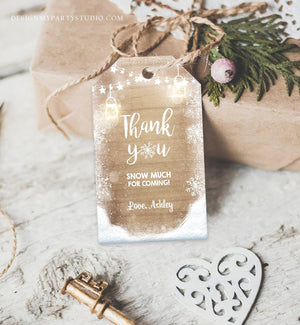 Editable Winter Thank you tags Baby Shower Favor Tags Rustic Wood Snowflakes Snow Winter Onederland Birthday Template PRINTABLE Corjl 0031