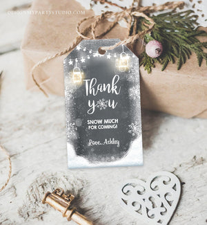 Editable Winter Thank you tags Baby Shower Favor Tags Rustic Black Snowflakes Snow Winter Onederland Birthday Template PRINTABLE Corjl 0031