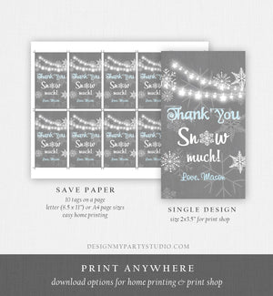 Editable Winter Birthday Favor Tags Blue Gray Snowflakes Snow Winter Onederland Boy Thank you Baby Shower Template PRINTABLE Corjl 0027