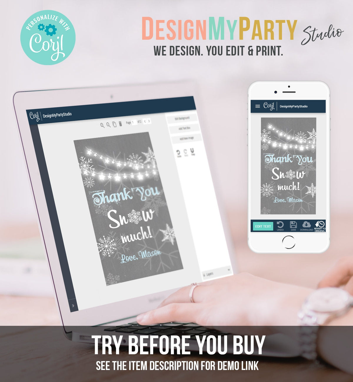 Editable Winter Birthday Favor Tags Blue Gray Snowflakes Snow Winter Onederland Boy Thank you Baby Shower Template PRINTABLE Corjl 0027