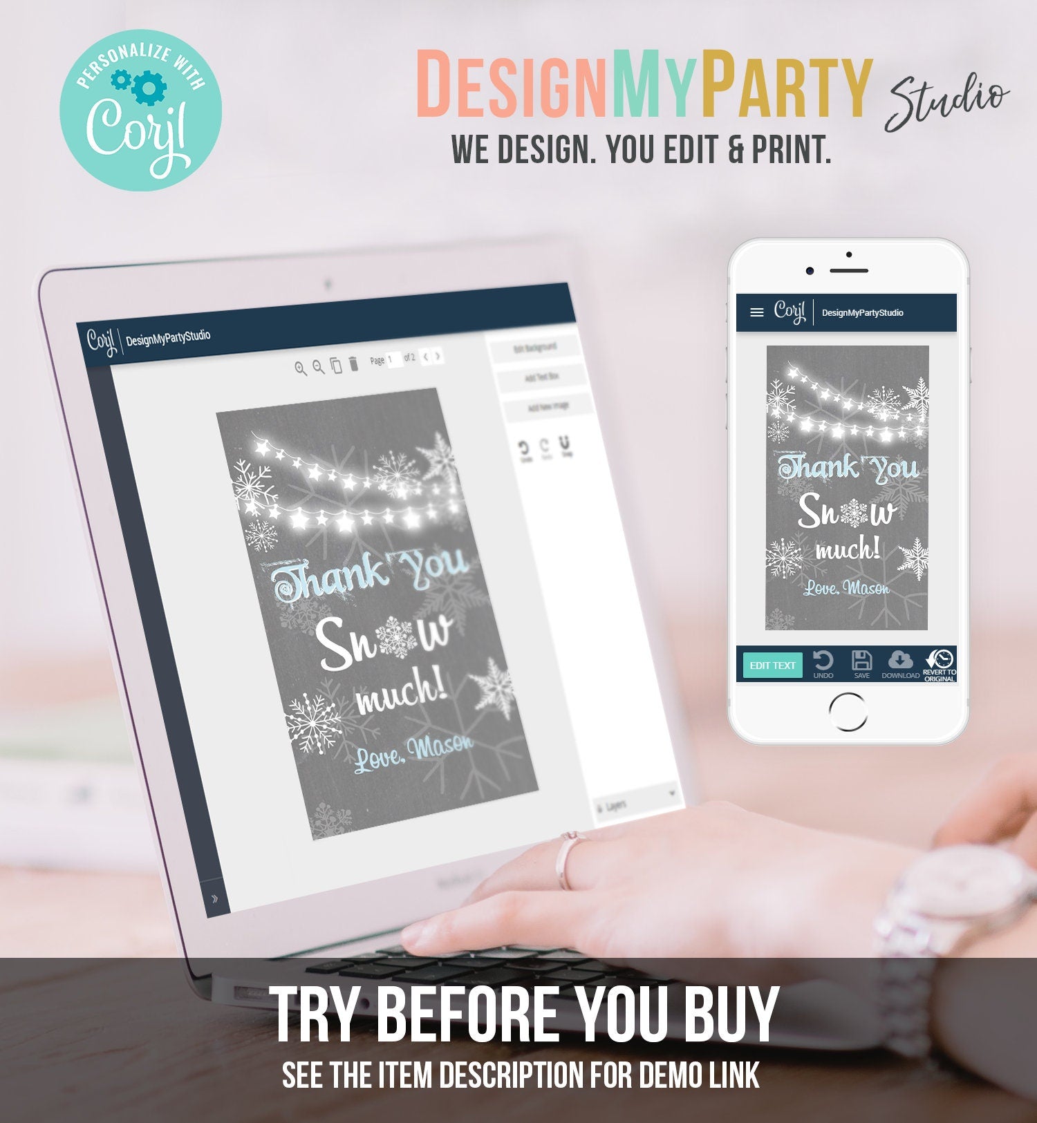 Editable Winter Birthday Favor Tags Blue Gray Snowflakes Snow Winter Onederland Boy Thank you Baby Shower Template PRINTABLE Corjl 0027