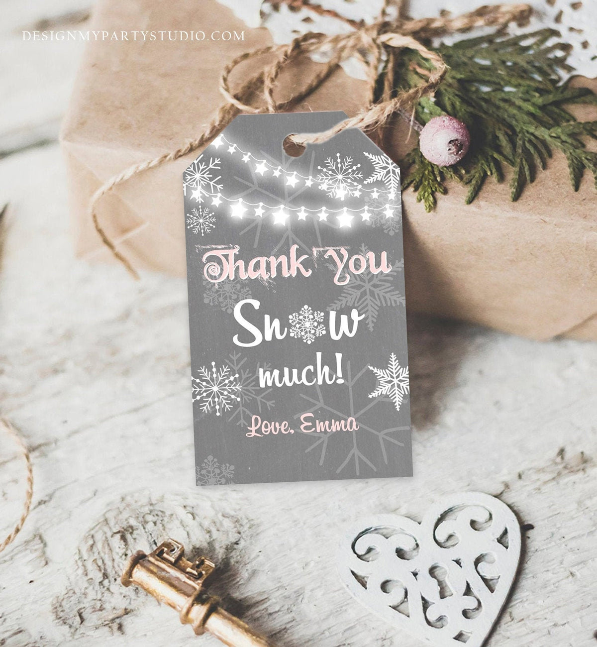 Editable Winter Birthday Favor Tags Pink Gray Snowflakes Snow Winter Onederland Girl Thank you Baby Shower Template PRINTABLE Corjl 0027