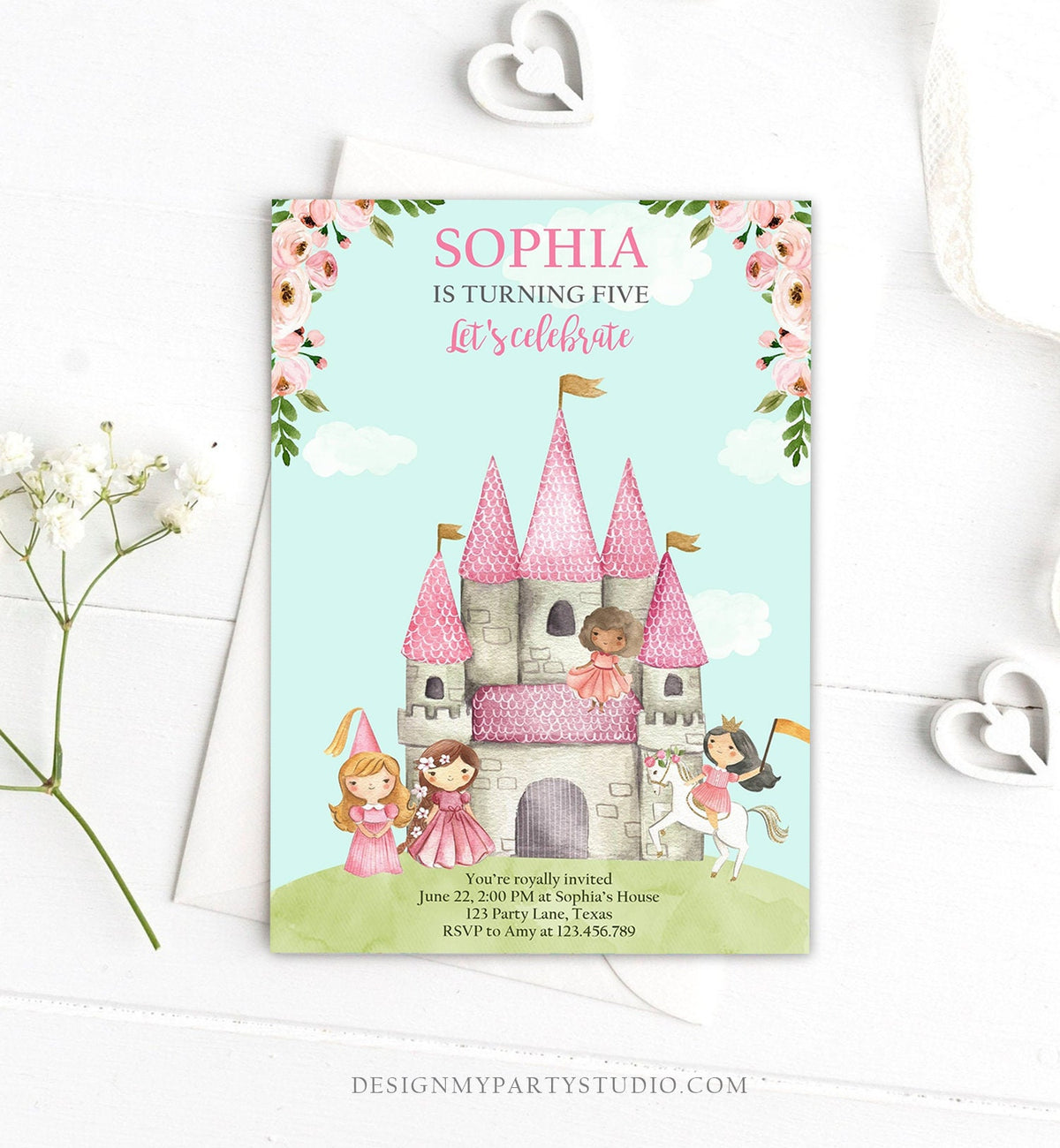Editable Princess Birthday invitation Once Upon a Time Princess Party Pink Girl Gold Floral Castle Download Printable Template Corjl 0171