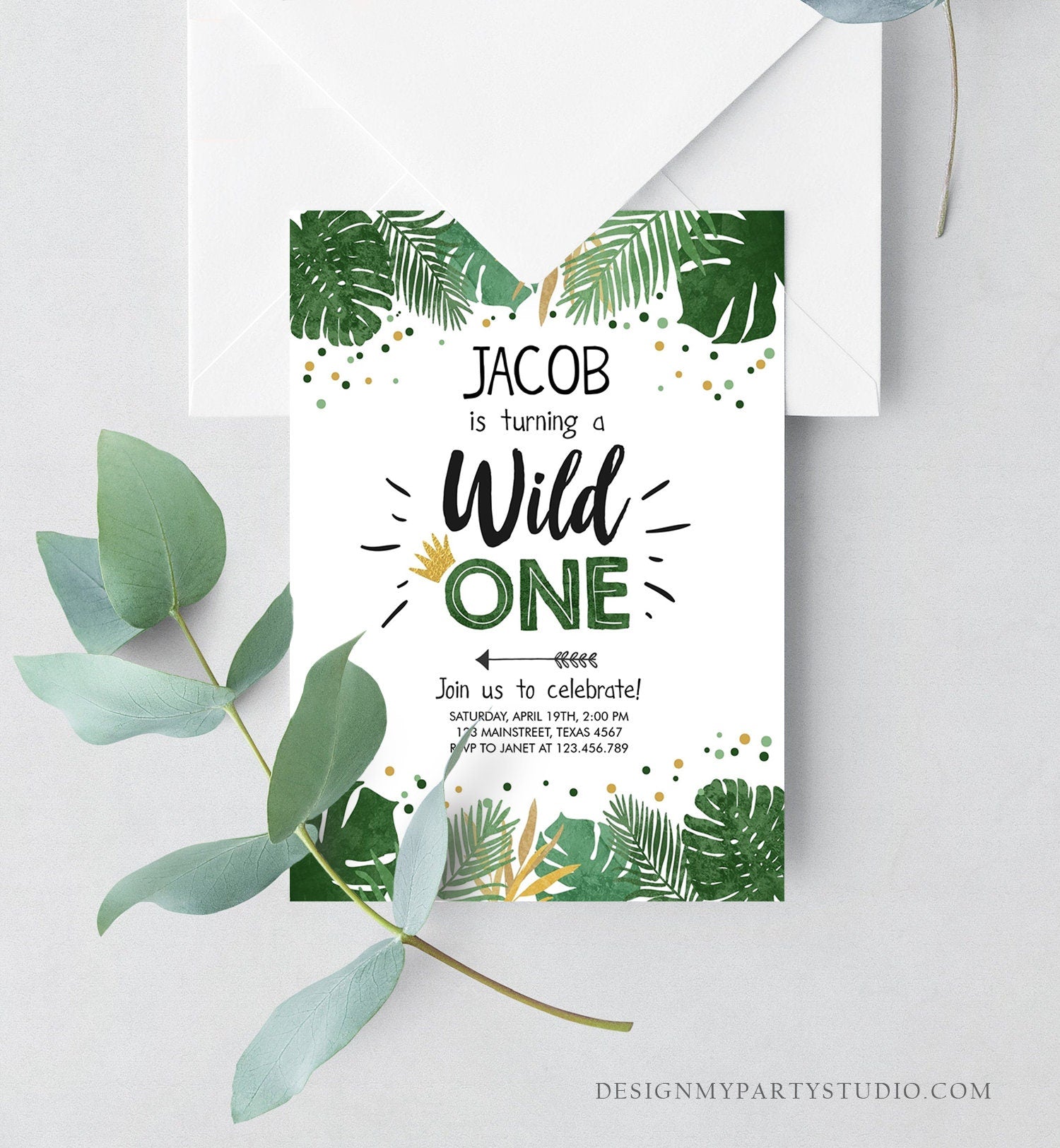 Editable Wild One Birthday Invitation Safari Jungle Boy Gold First Birthday 1st Rustic Leaves Instant Download Corjl Template Printable 0332