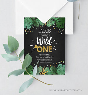 Editable Wild One Birthday Invitation Safari Jungle Boy Gold First Birthday 1st Rustic Leaves Instant Download Corjl Template Printable 0332