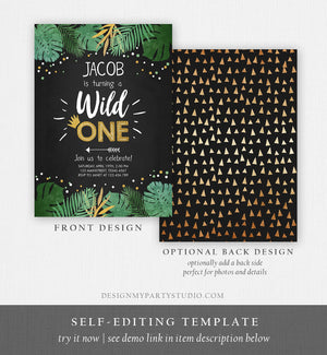 Editable Wild One Birthday Invitation Safari Jungle Boy Gold First Birthday 1st Rustic Leaves Instant Download Corjl Template Printable 0332