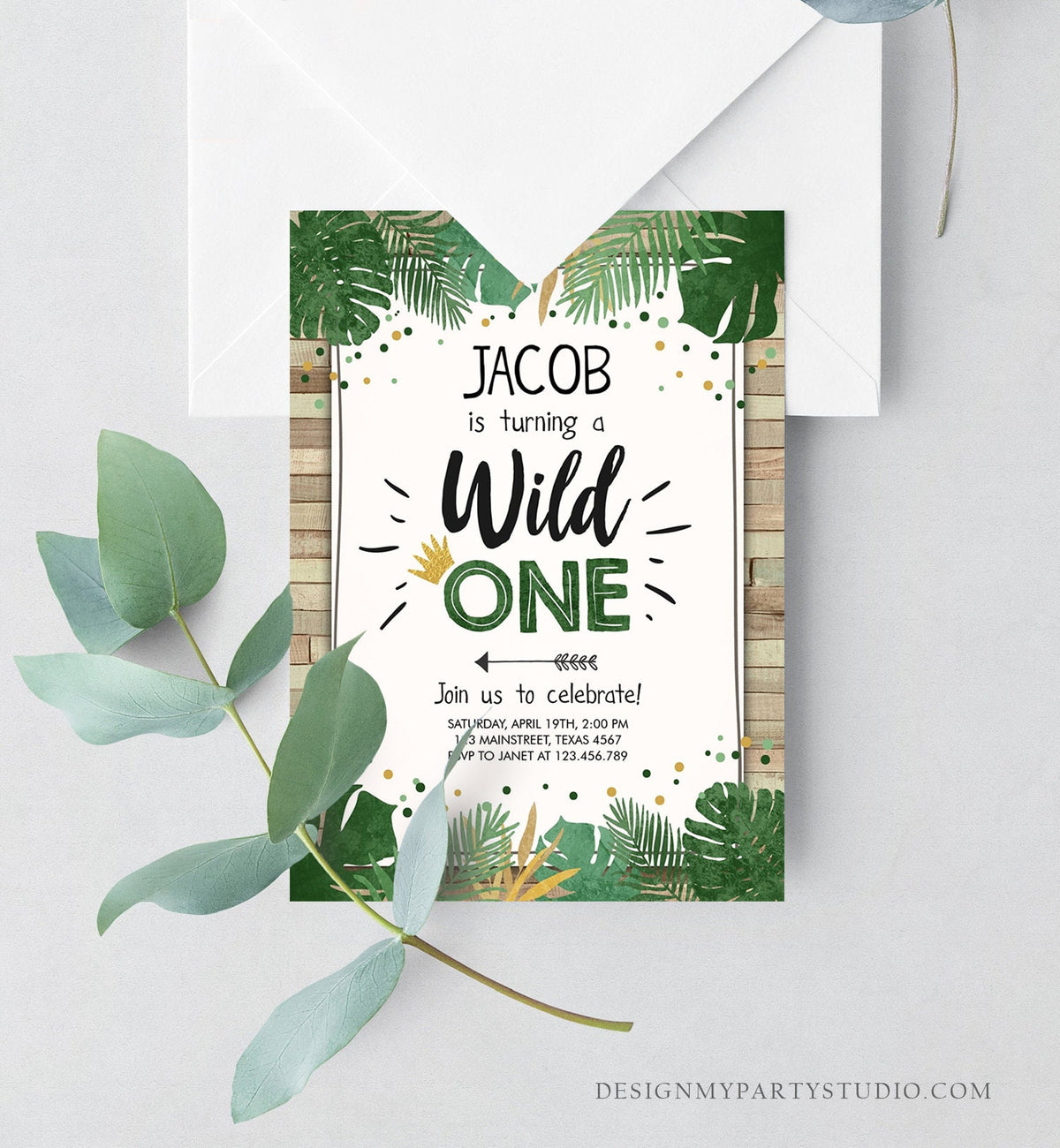 Editable Wild One Birthday Invitation Safari Jungle Boy Gold First Birthday 1st Wood Leaves Instant Download Corjl Template Printable 0332