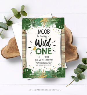 Editable Wild One Birthday Invitation Safari Jungle Boy Gold First Birthday 1st Wood Leaves Instant Download Corjl Template Printable 0332