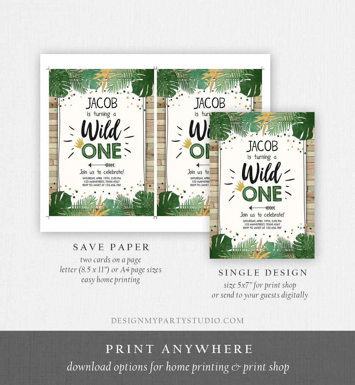 Editable Wild One Birthday Invitation Safari Jungle Boy Gold First Birthday 1st Wood Leaves Instant Download Corjl Template Printable 0332