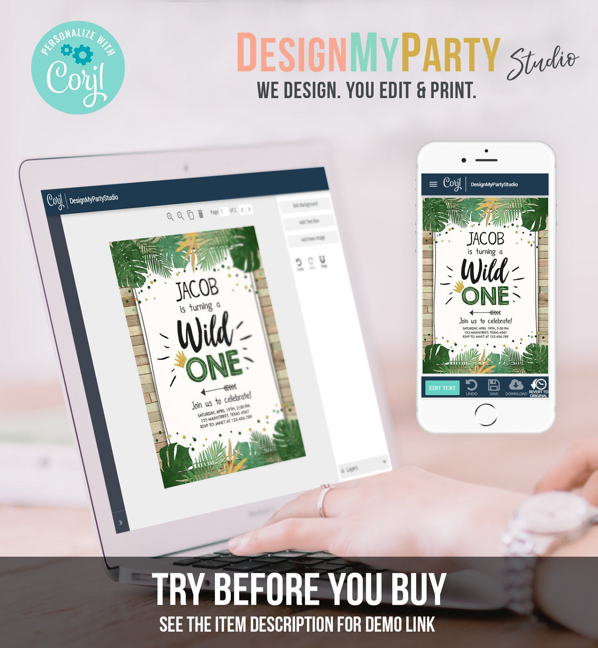 Editable Wild One Birthday Invitation Safari Jungle Boy Gold First Birthday 1st Wood Leaves Instant Download Corjl Template Printable 0332