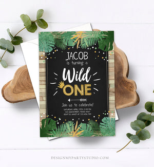 Editable Wild One Birthday Invitation Safari Jungle Boy Gold First Birthday 1st Wood Leaves Chalk Download Corjl Template Printable 0332