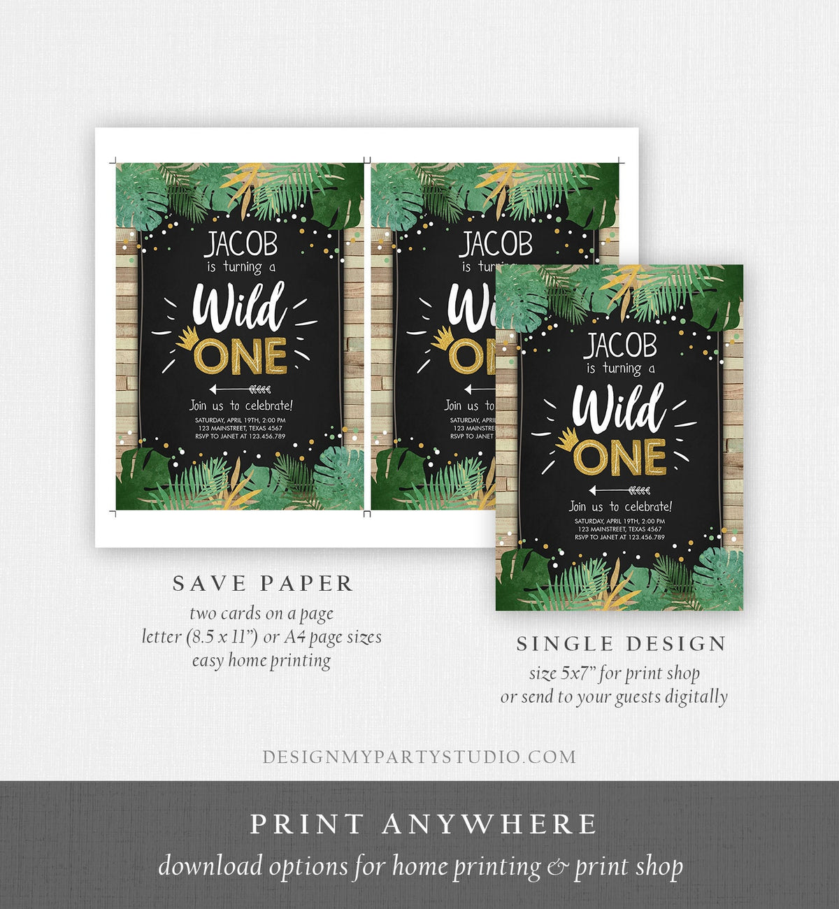 Editable Wild One Birthday Invitation Safari Jungle Boy Gold First Birthday 1st Wood Leaves Chalk Download Corjl Template Printable 0332