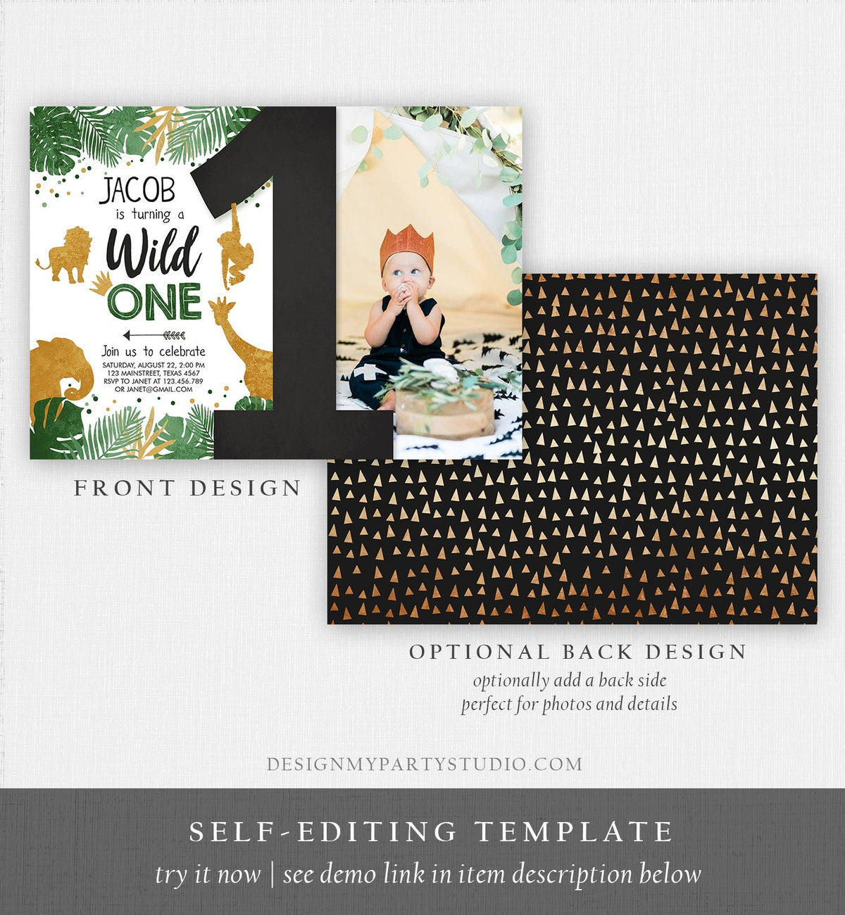 Editable Wild One Birthday Invitation Safari Jungle Boy Gold First Birthday 1st Rustic Leaves Photo Download Corjl Template Printable 0016